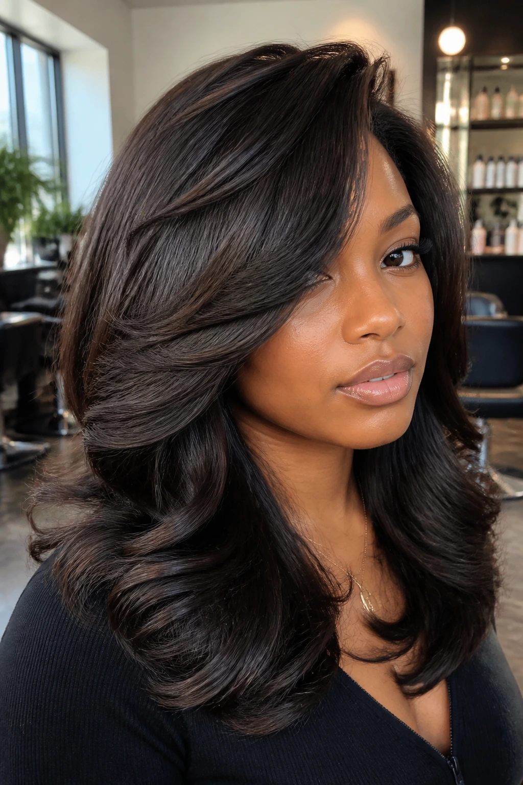 Close-up portrait of a real woman with voluminous layered hairstyle and side-swept bang in a salon