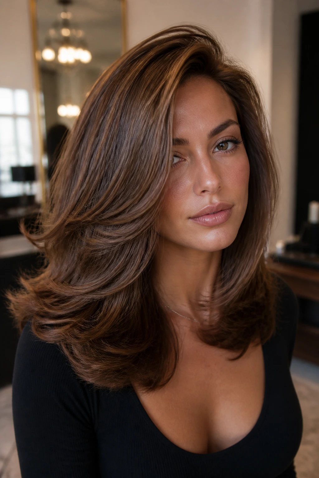 Portrait of a real woman with voluminous mid-length hair and a deep side part with soft ends.