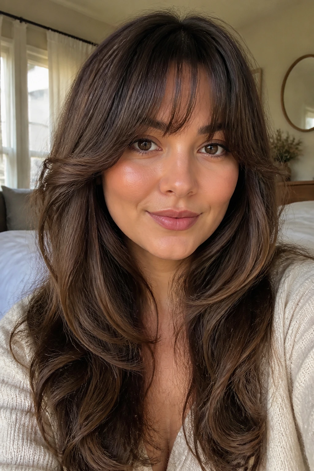 Close-up portrait of a woman with voluminous layered hair and a rounded fringe.