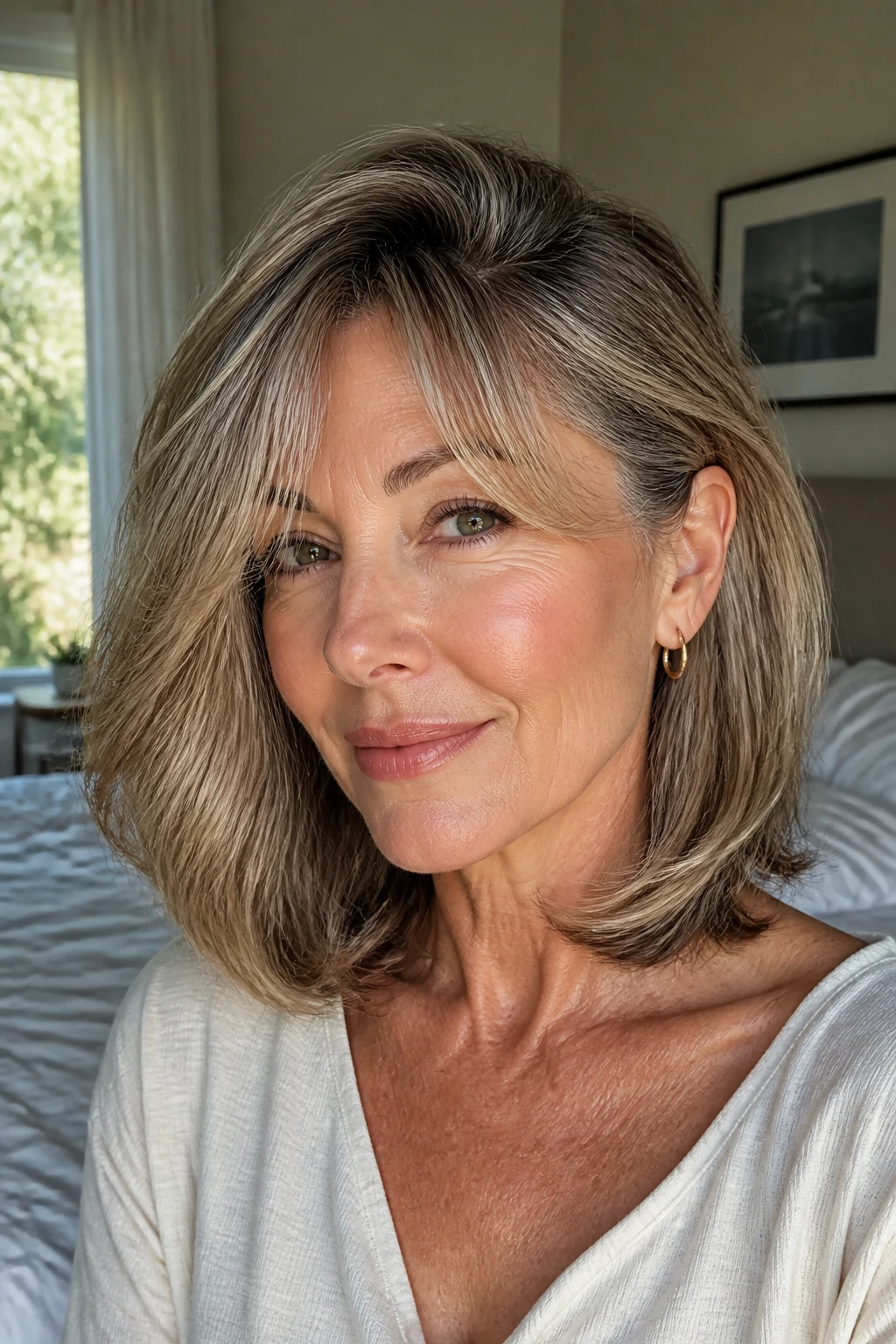 Close-up portrait of a real woman with voluminous side-part lob and curtain bangs in warm daylight