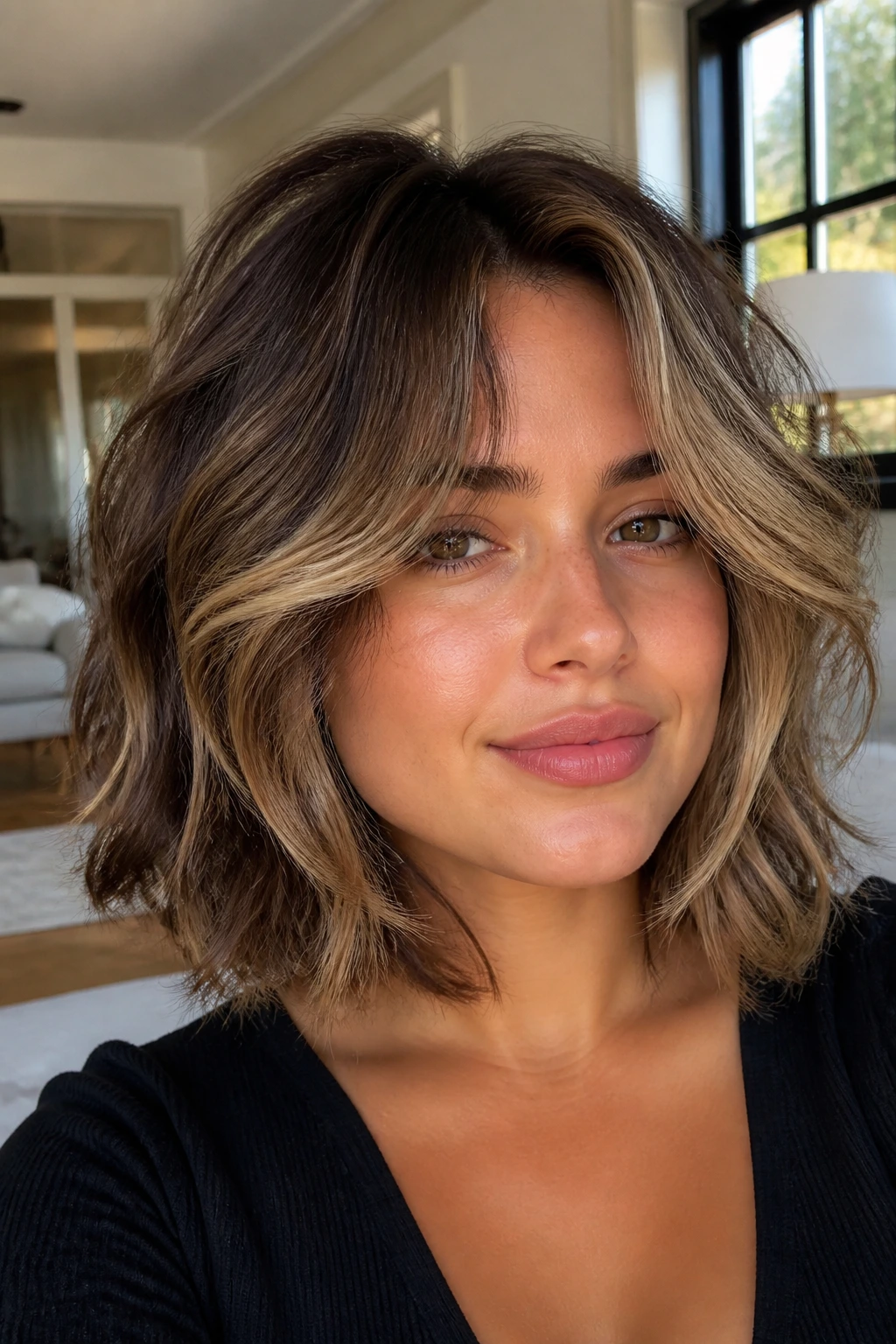 Close-up of a real woman with a voluminous lob and feathered front pieces in natural light