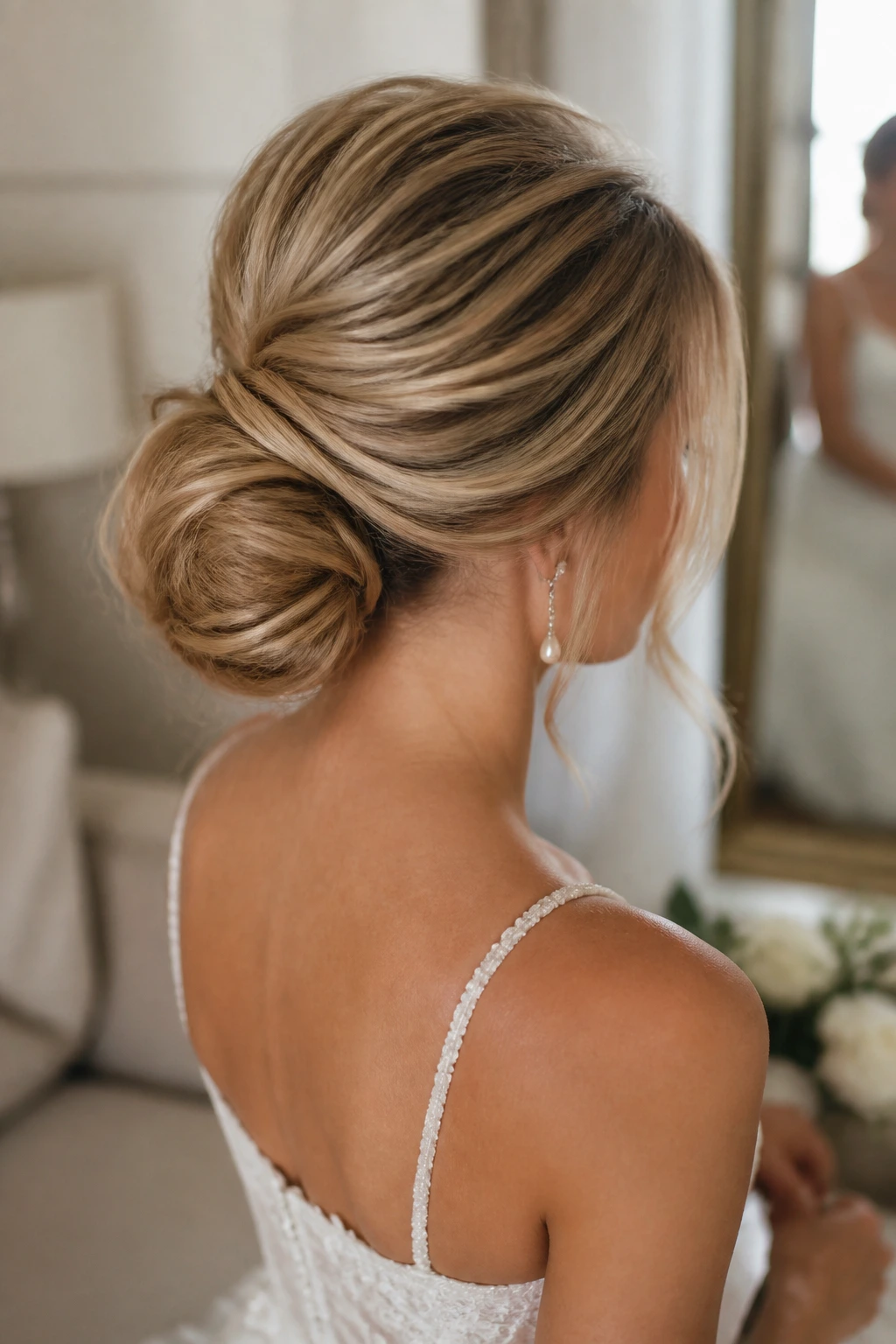 Back view of voluminous low bun with teased crown on a real bride
