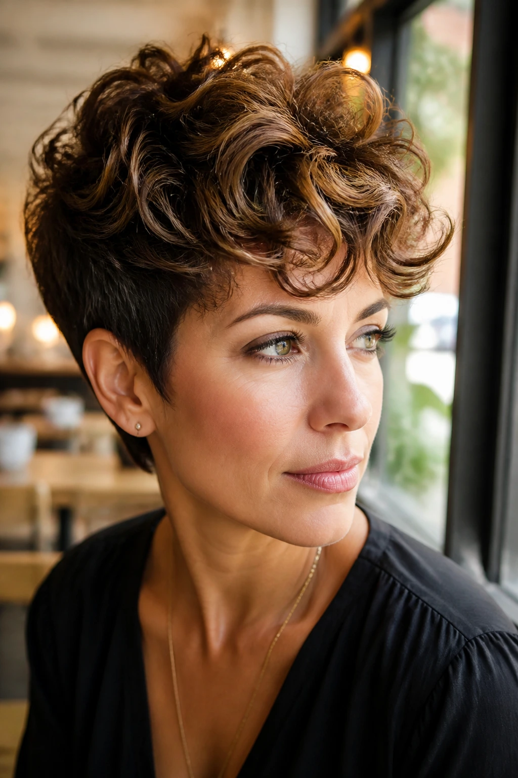 Close-up of a real woman's voluminous top-heavy pixie with caramel highlights