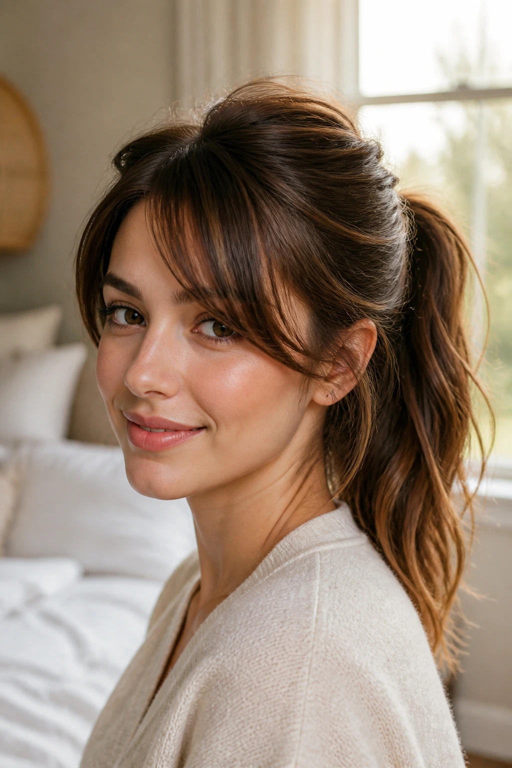 Close-up of a real woman with a voluminous ponytail and side-swept bangs in a softly lit morning bedroom