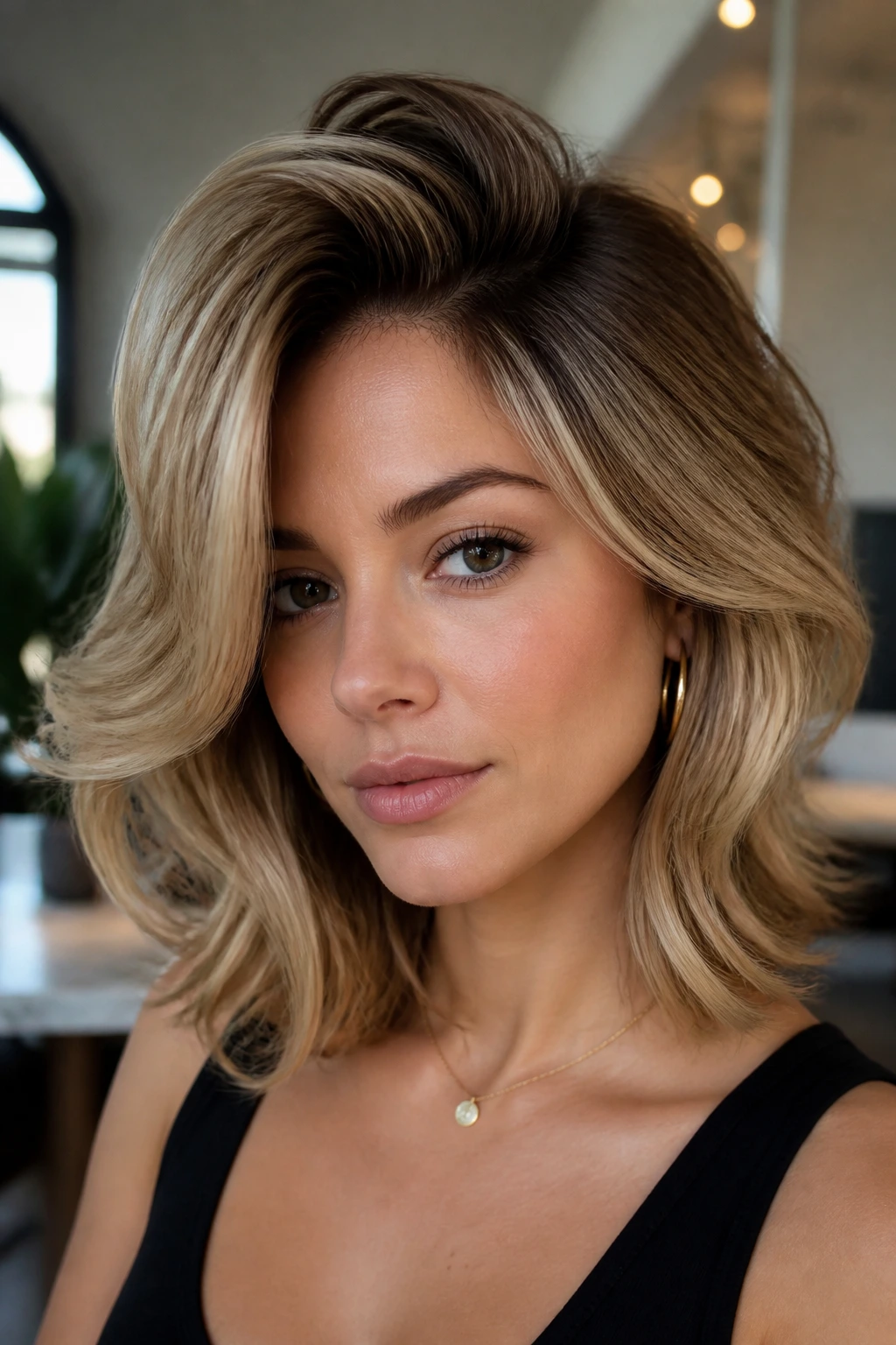 Close-up of a real woman with a voluminous side flip hairstyle in soft window light