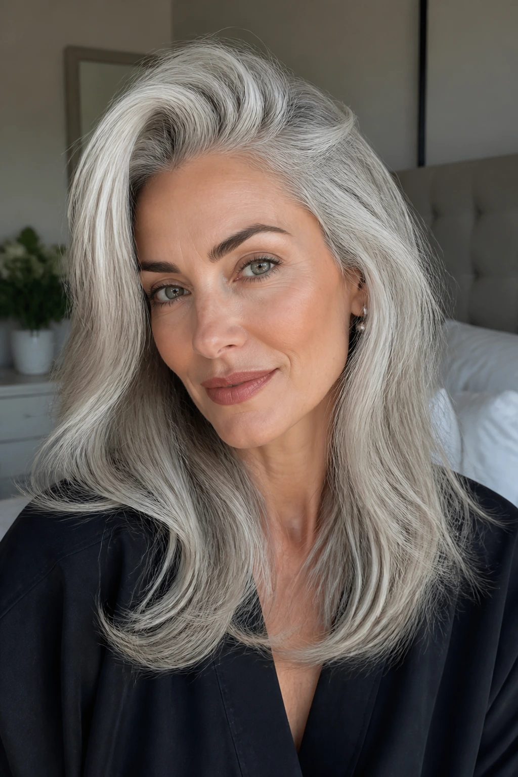 Close-up portrait of a real woman with a voluminous silver blowout and deep side part in natural window light