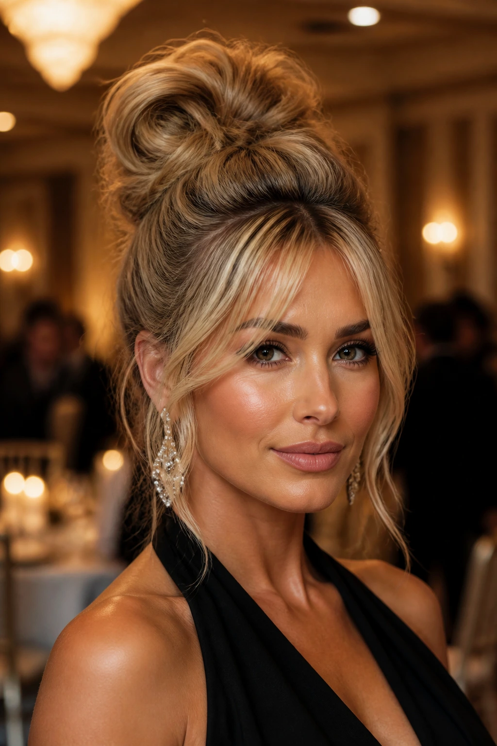 Close-up of a real woman with a voluminous top knot and feathered fringe