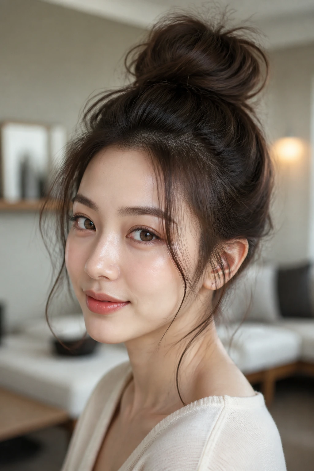 Close-up of a woman with a voluminous top knot and loose tendrils in soft living room light.