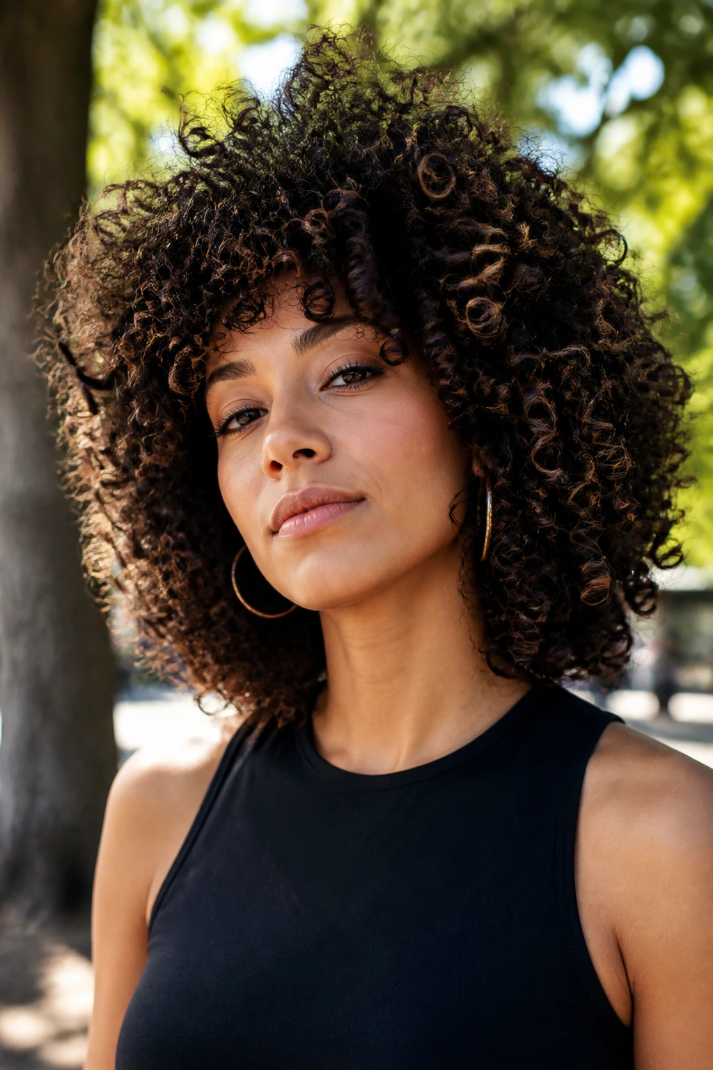 Close-up portrait of a real woman with voluminous wash-and-go curls outdoors