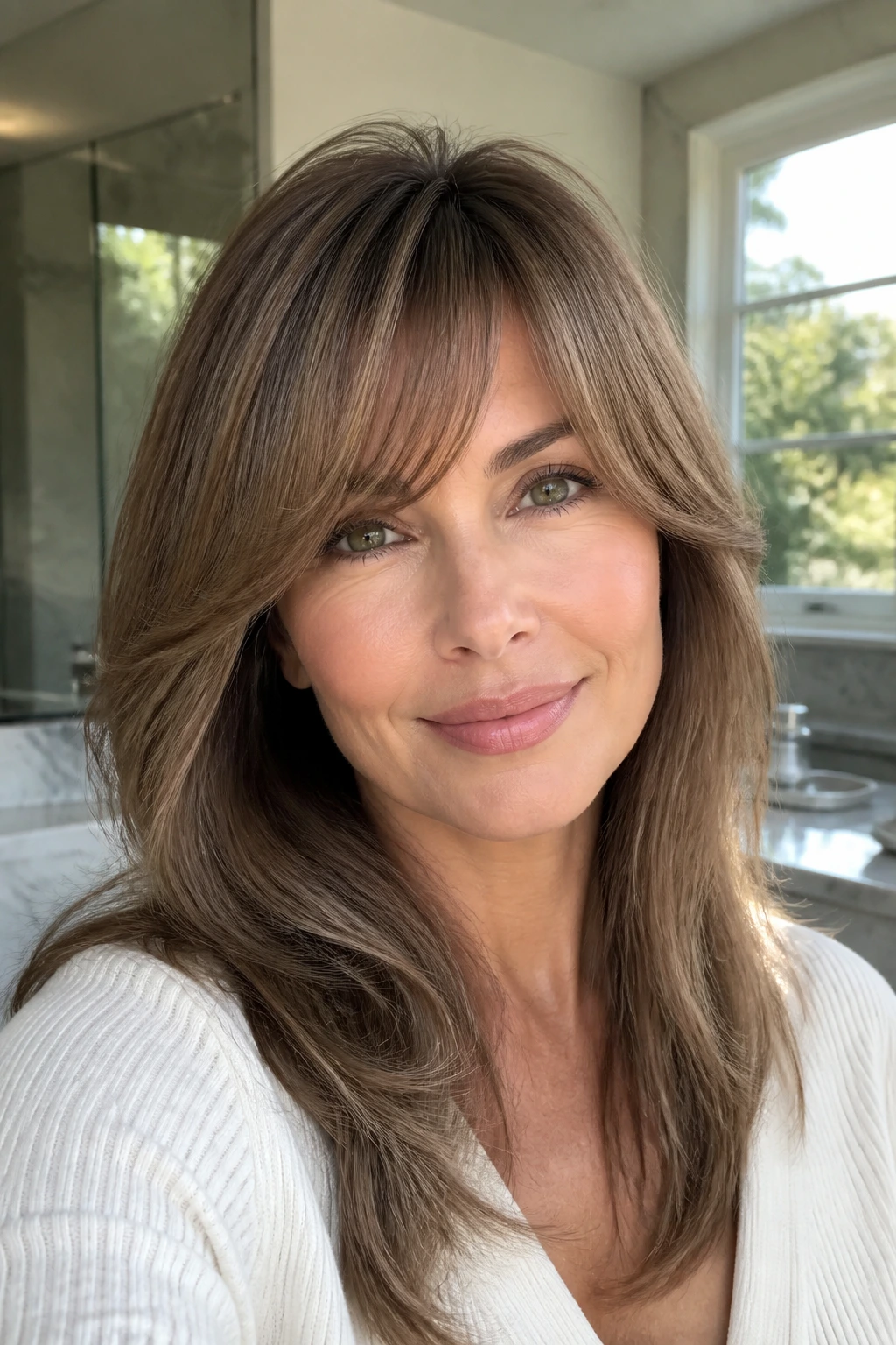 Close-up of a real woman with volumized blowout fringe lifted at roots