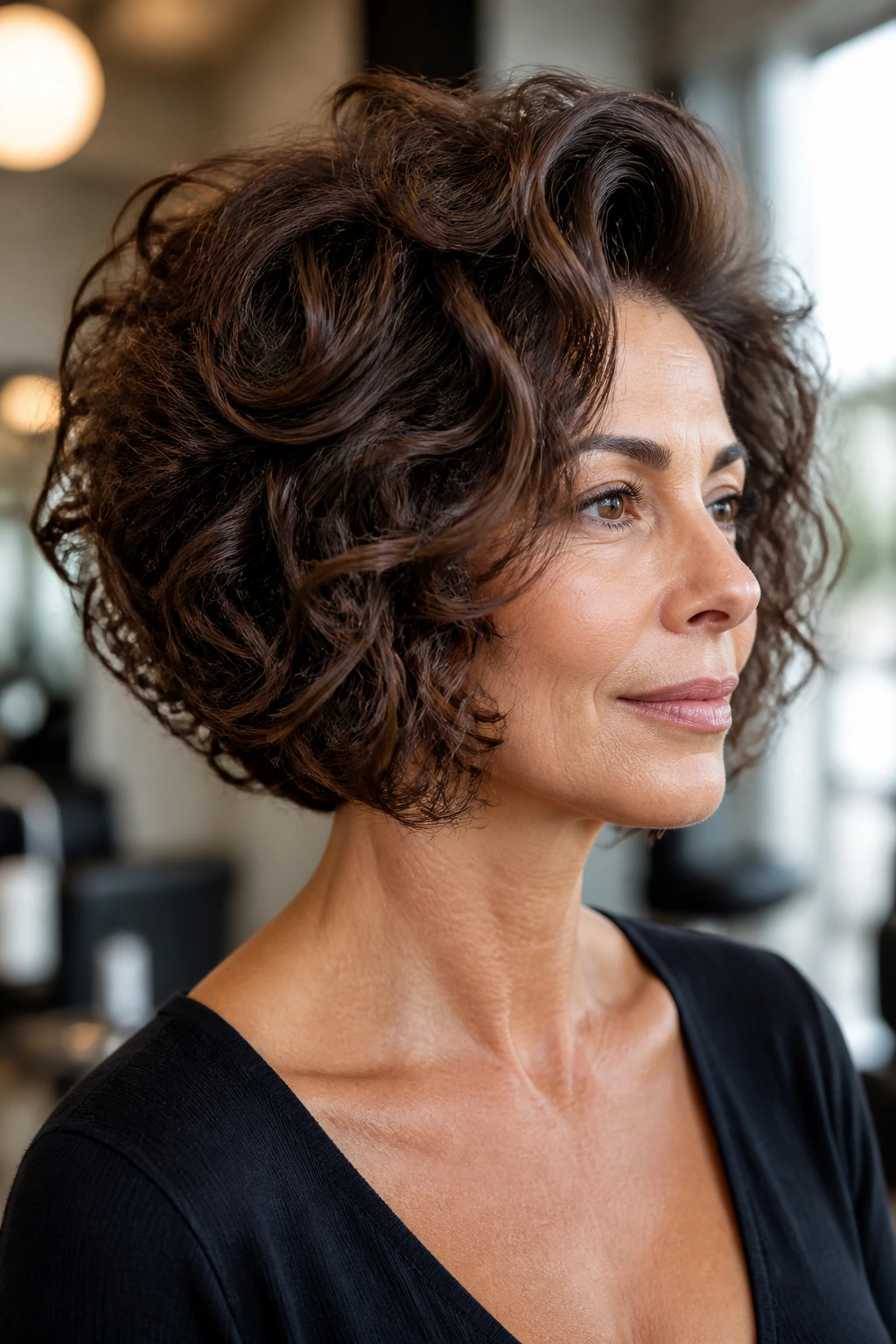 Close-up of a real woman with Volumized Bob with Root Lift and Cocoa Glaze in curls