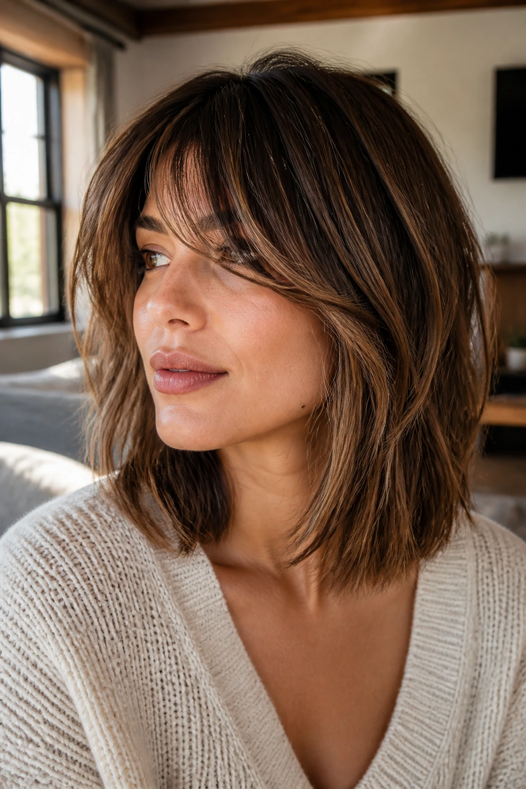 Close-up portrait of a real woman with a volumized long bob and overlapping bangs in warm window light.