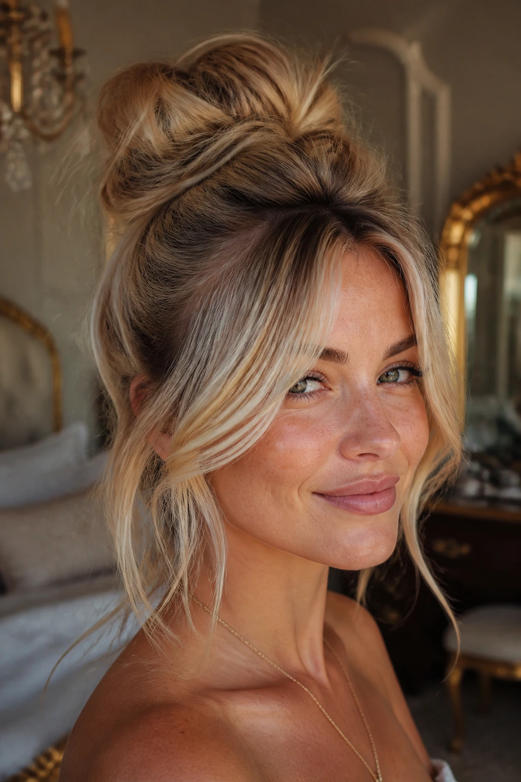 Close-up of volumized topknot with curtain layers on a real person, front framing with soft layers.