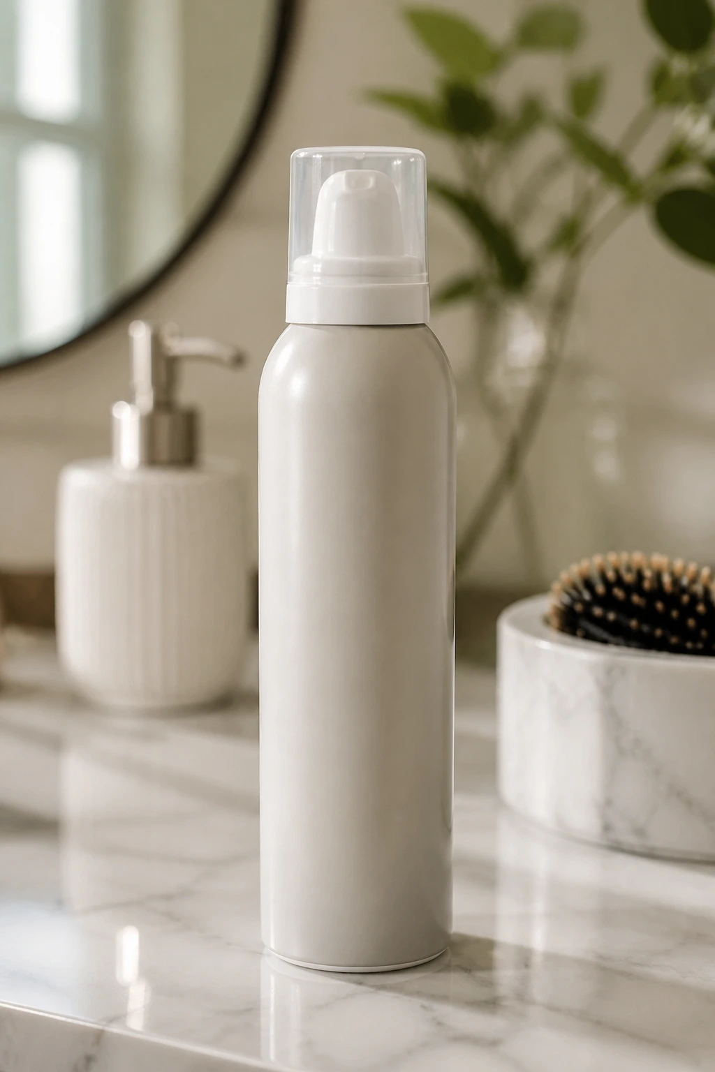 Volumizing mousse bottle dominating the frame on a bathroom counter