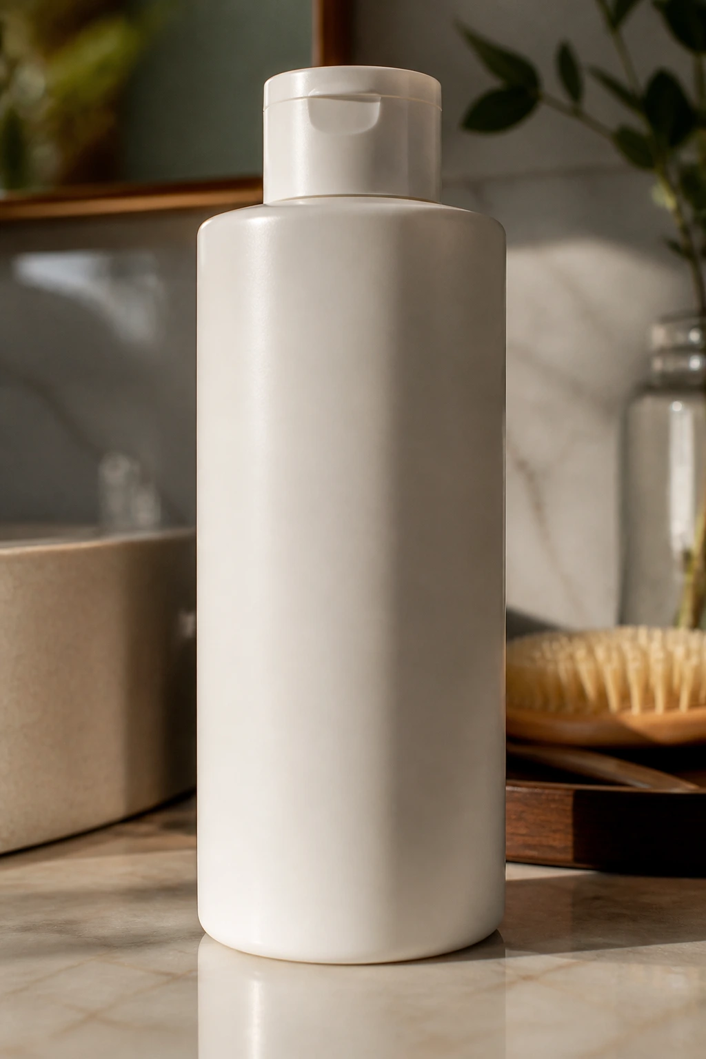 Label-free volumizing shampoo bottle on bathroom counter
