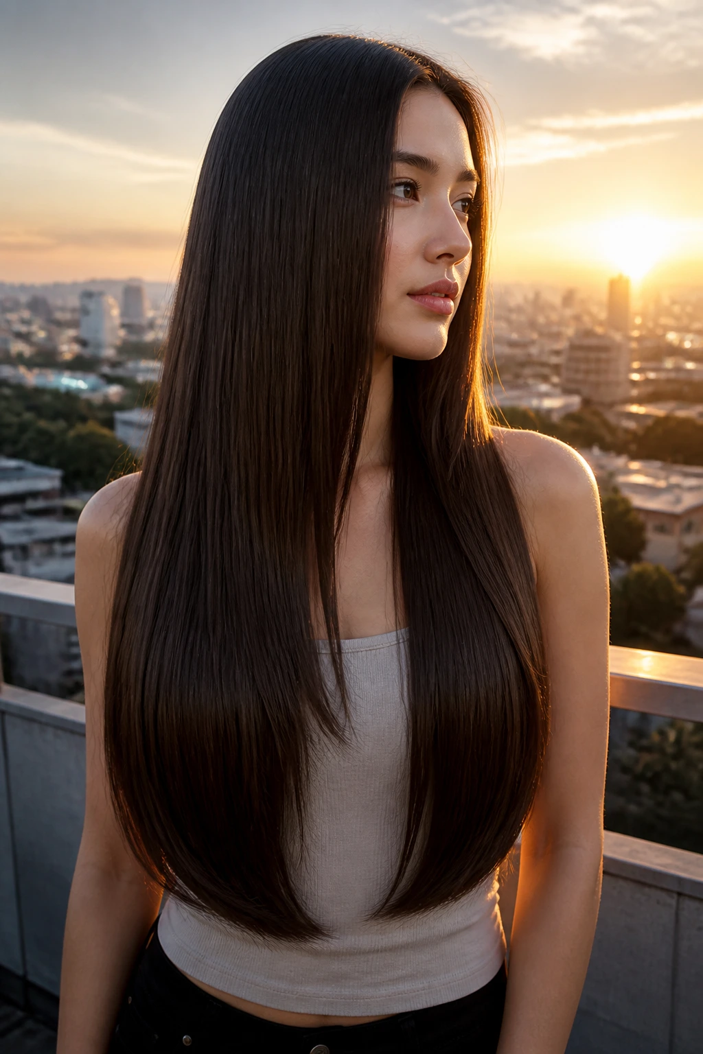 Real woman with waist-length straight hair and beveled ends in sunset rooftop setting
