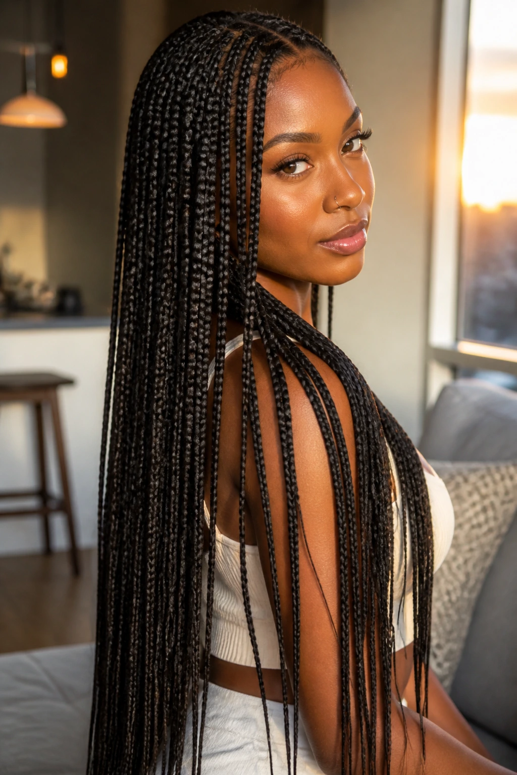 Portrait of a real woman with waist-length knotless box braids under warm sunset light