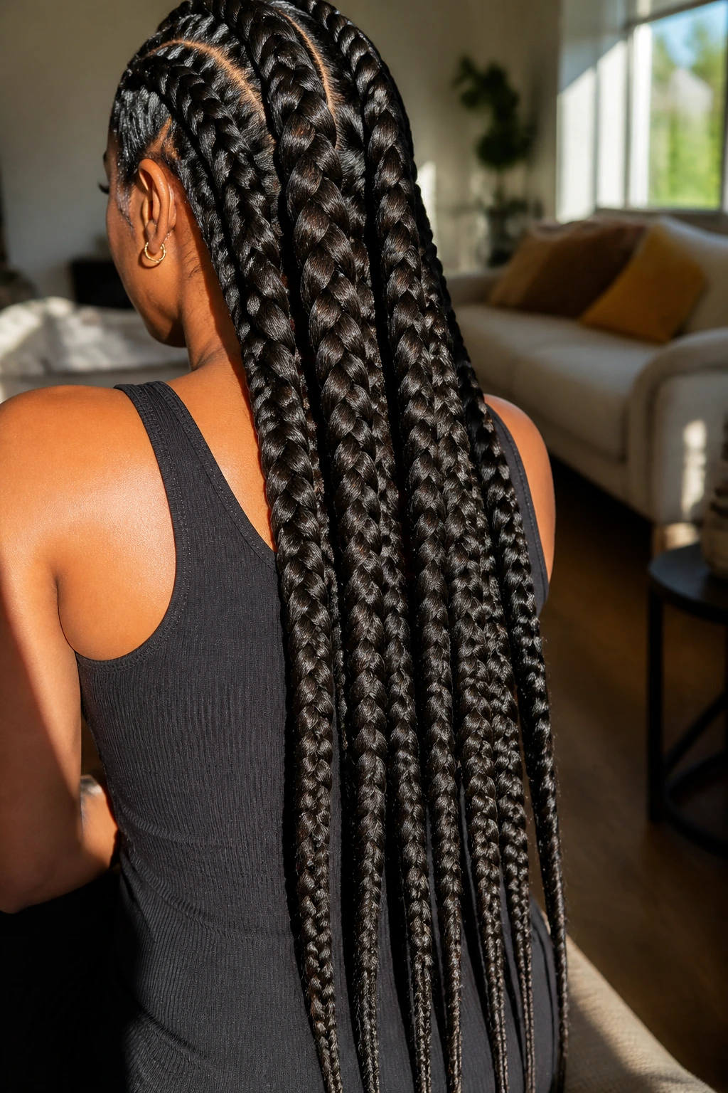 Close-up of waist-length French braids on a real person in a sunlit living room