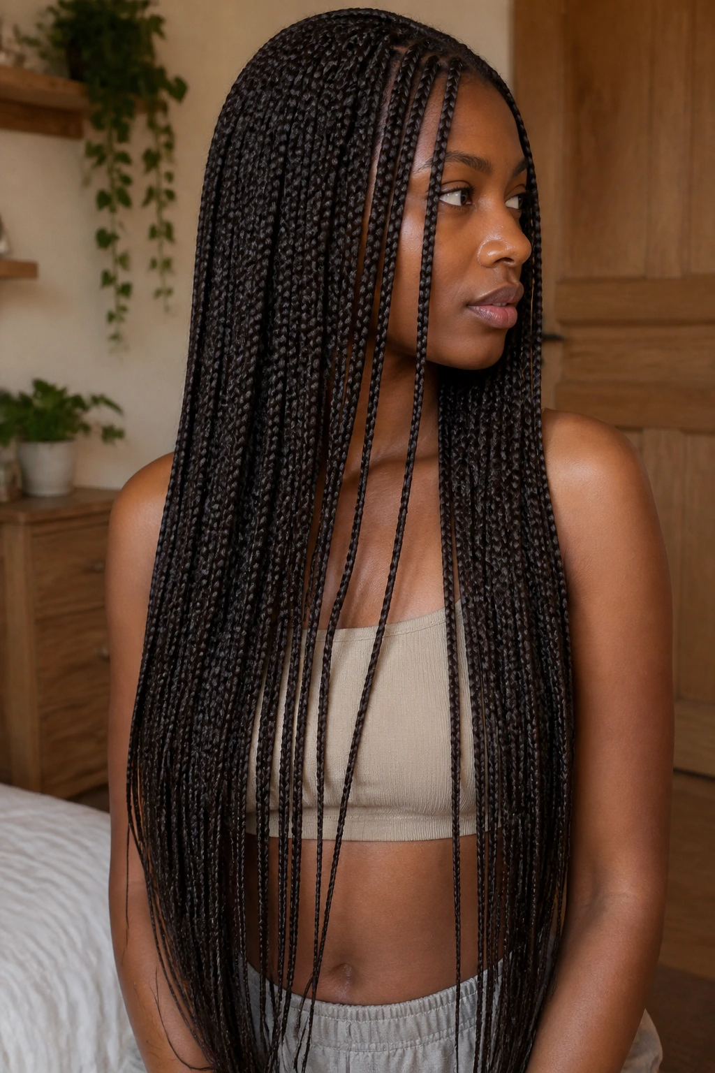 Close-up of a real person with waist-length single braids.