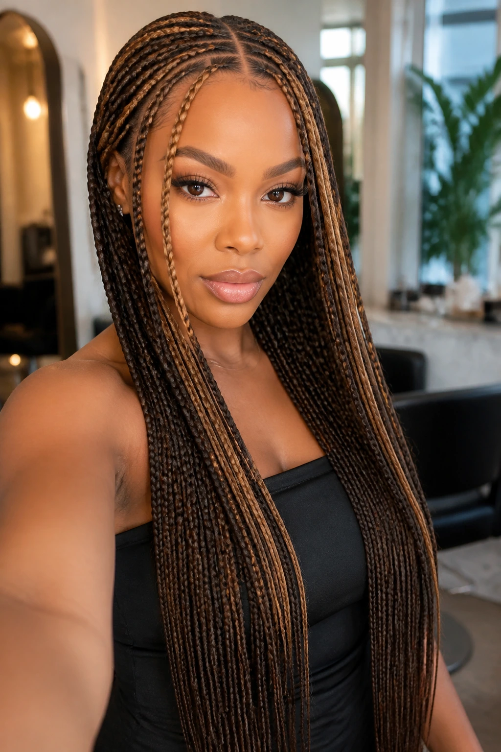 Real woman with waist-length cornrows and bronze money-piece frame; middle part.