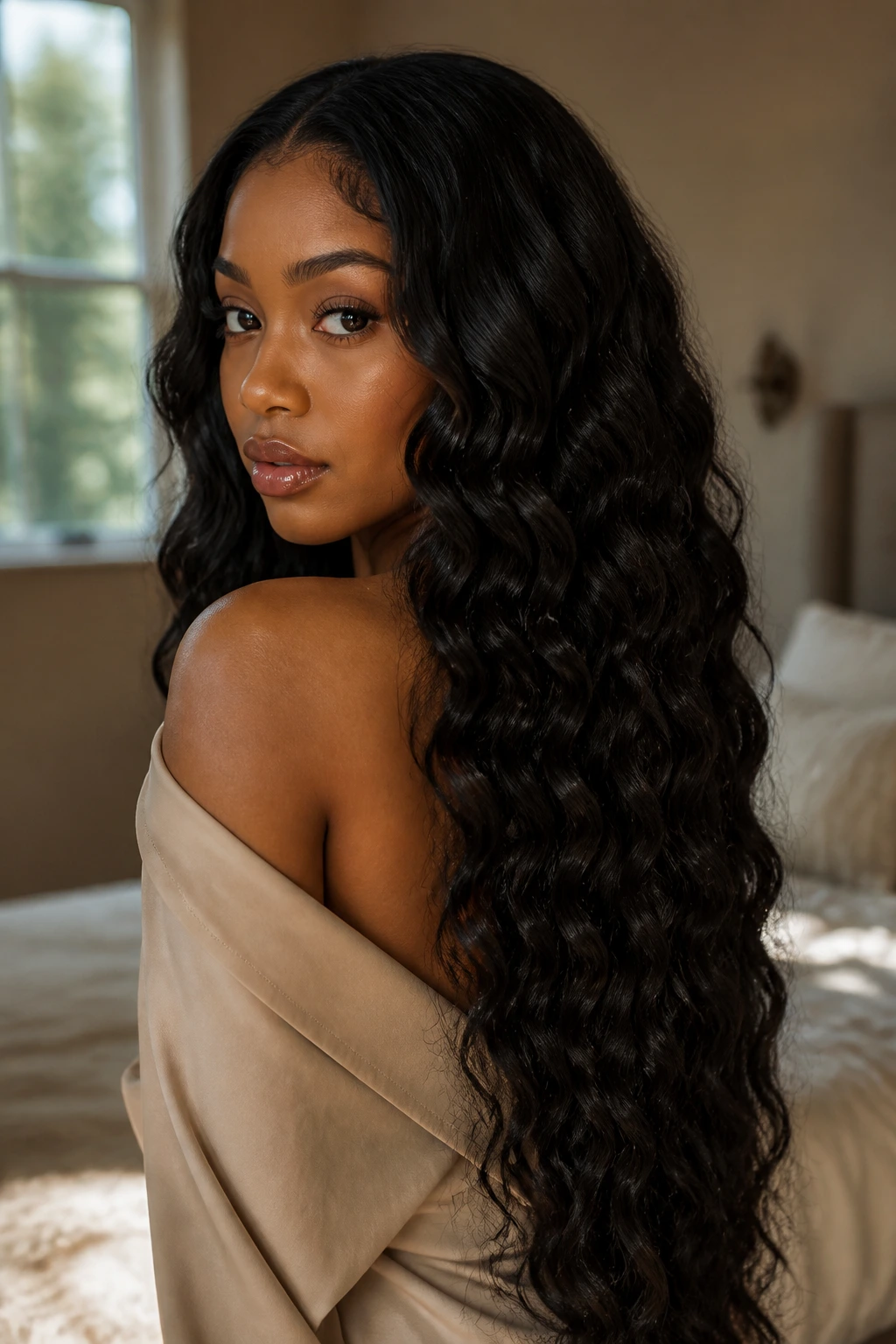 Close-up portrait of a real woman with waist-length wand curls in a sunlit bedroom