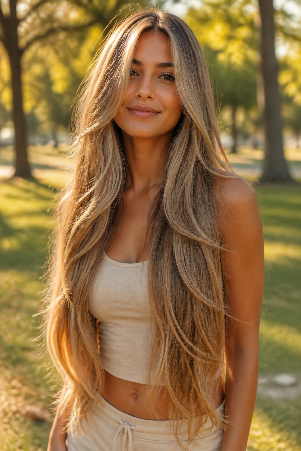 Portrait of a woman with waist-length honey blonde hair and face-framing layers.