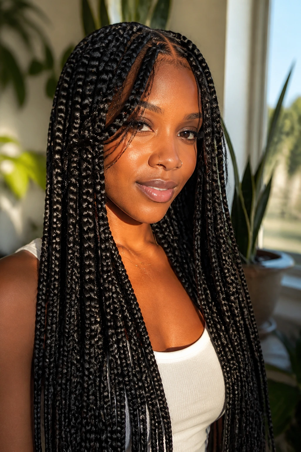 Waist-length jumbo box braids with feathered front pieces close-up portrait