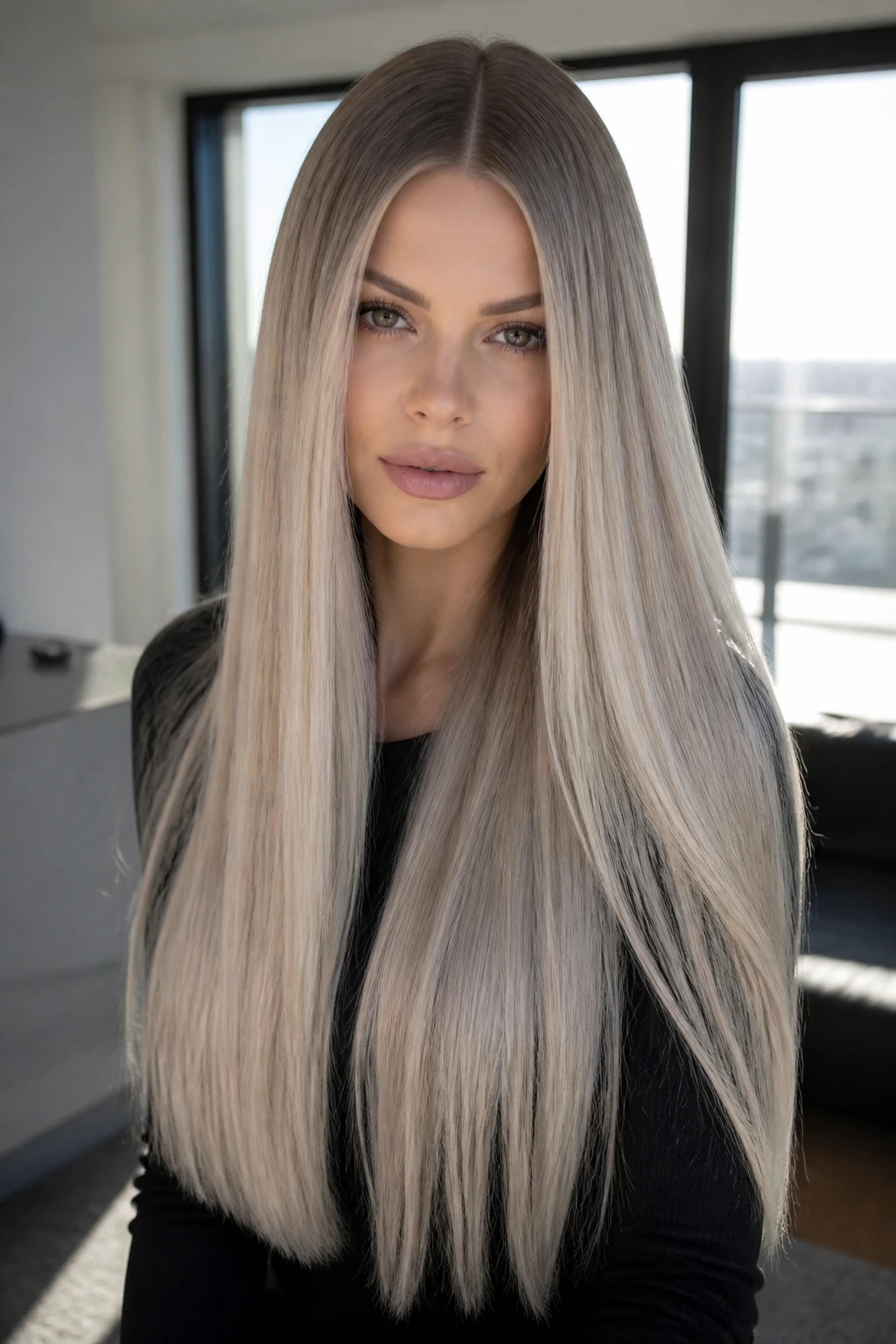 Portrait of a woman with waist-length sleek cool-root-melt blonde hair