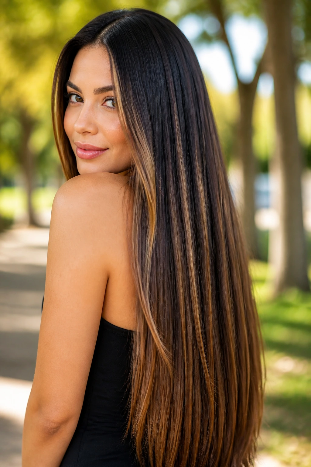 Close-up of a woman with waist-length hair and narrow caramel highlight panels