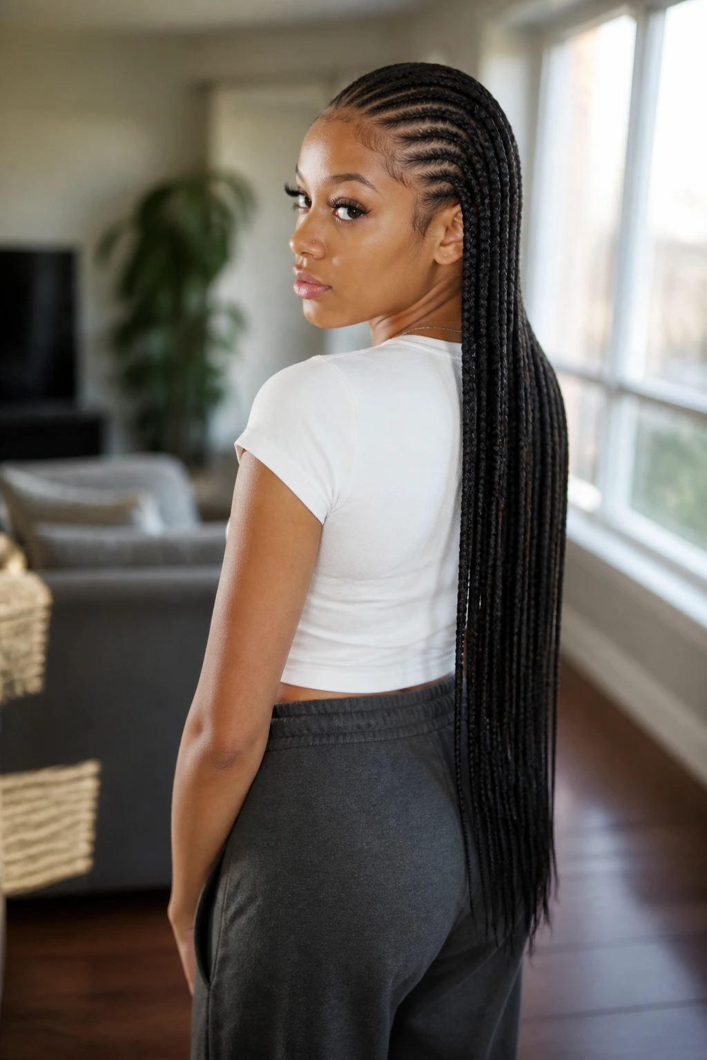 Mid-torso close-up of a real woman with waist-length straight backs and tiny ends