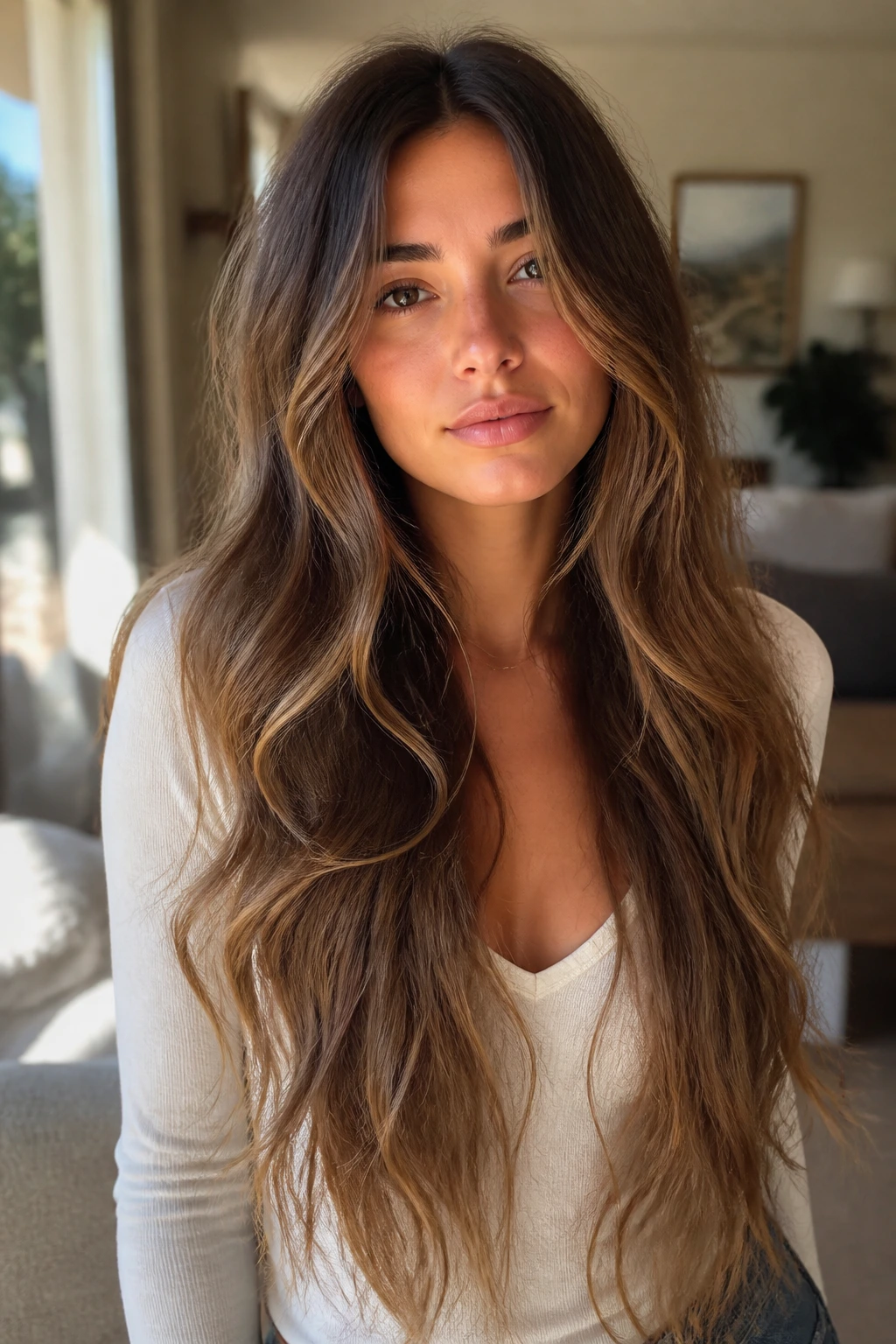 Close-up of a real woman with waist-length hair in soft waves and face-framing layers by a sunlit window