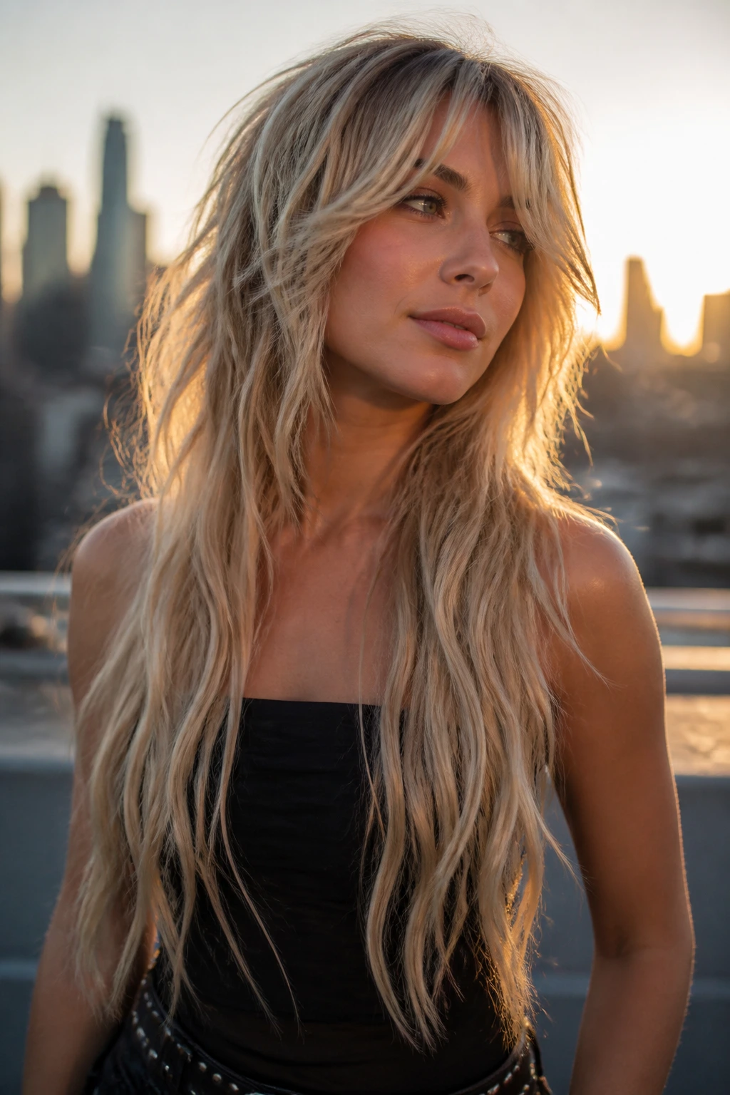 Portrait of a real woman with waist-length choppy wolf cut with blonde balayage