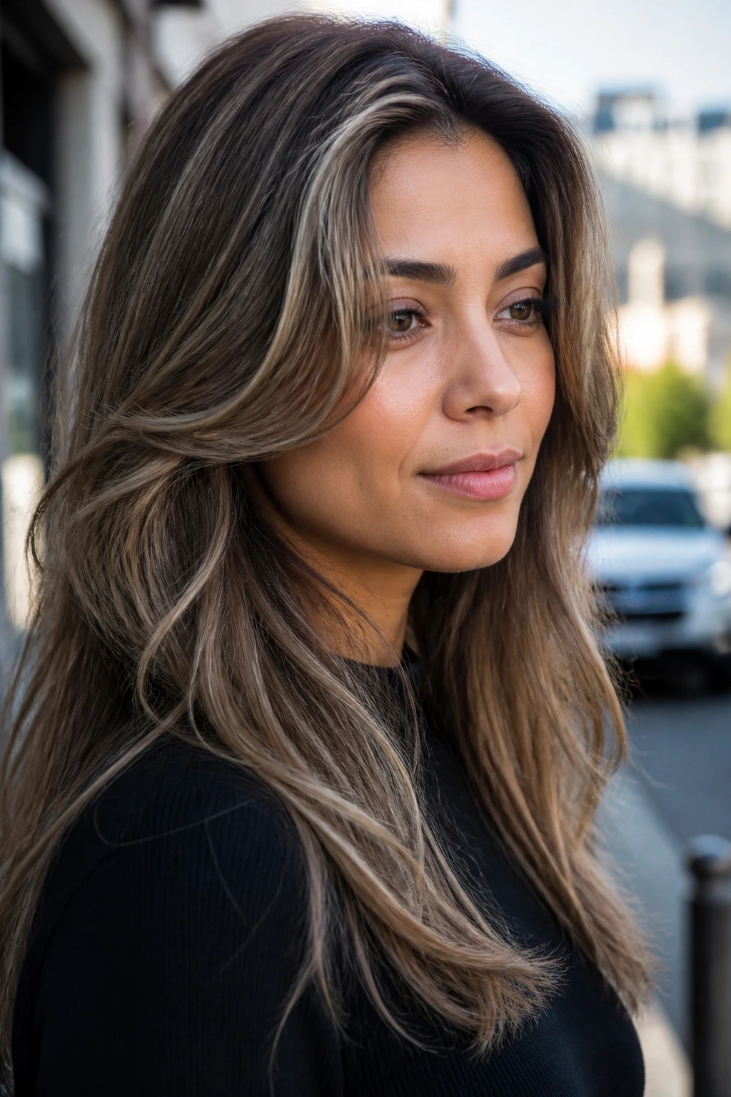 Real woman with walnut ash flicks through layered hair outdoors