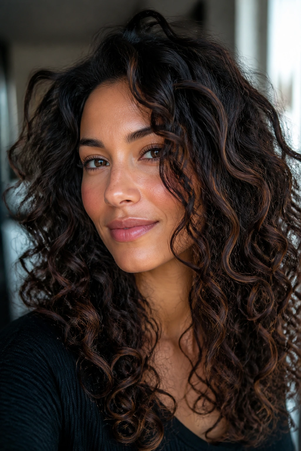 Close-up portrait of a real woman with walnut-toned balayage on dark curly hair in natural window light