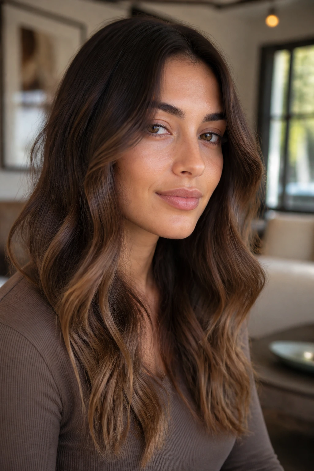 Olive-skinned woman with walnut balayage and barely-there glow