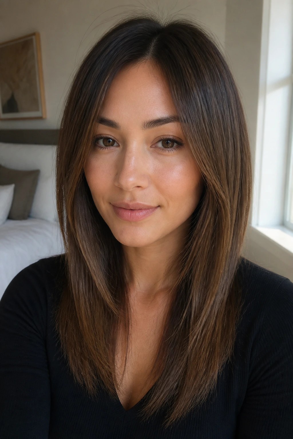Close-up portrait of a real person with walnut balayage on straight fine hair in natural daylight.