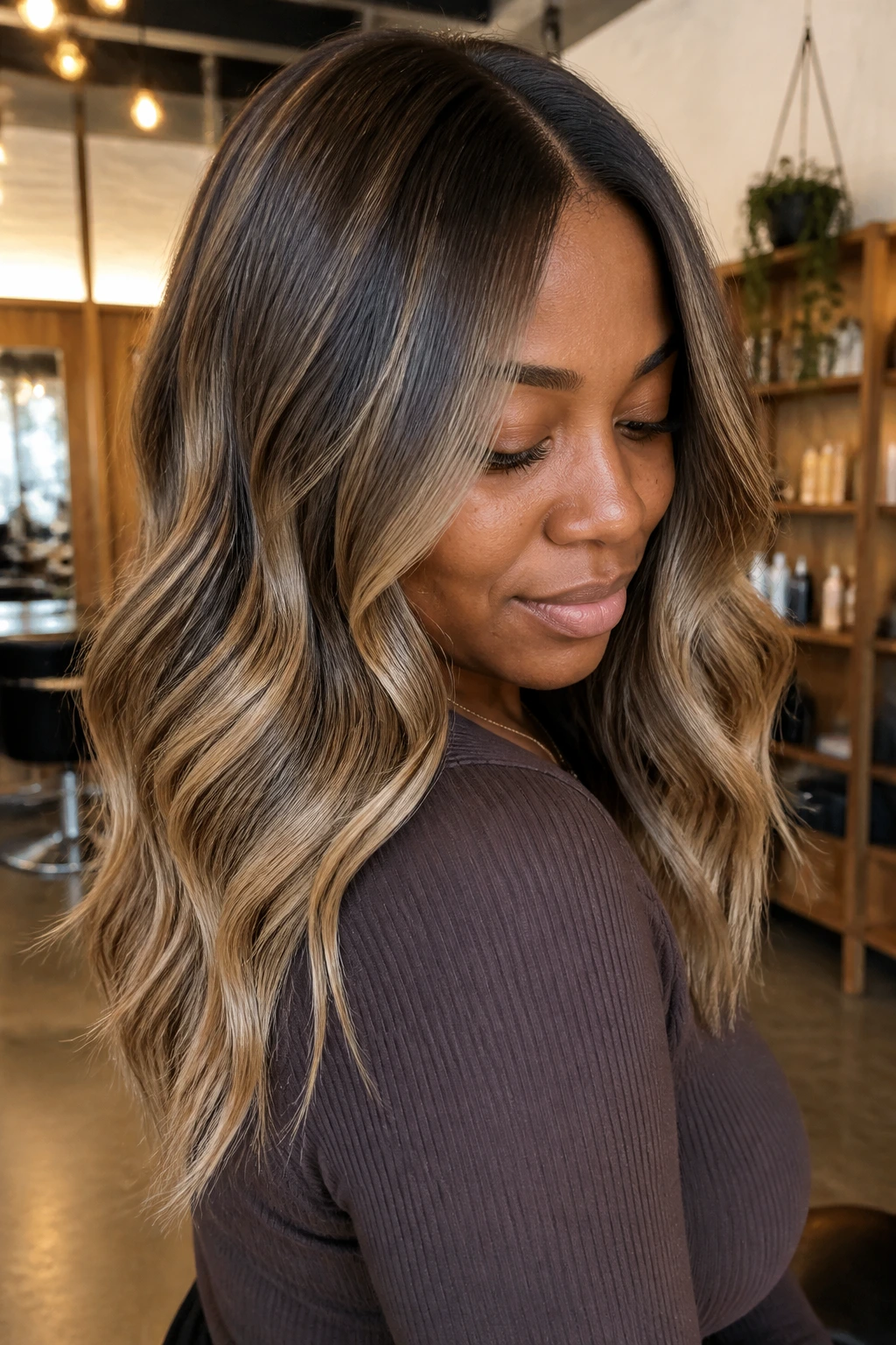 Close-up portrait of a real person with walnut beige balayage and shadow root