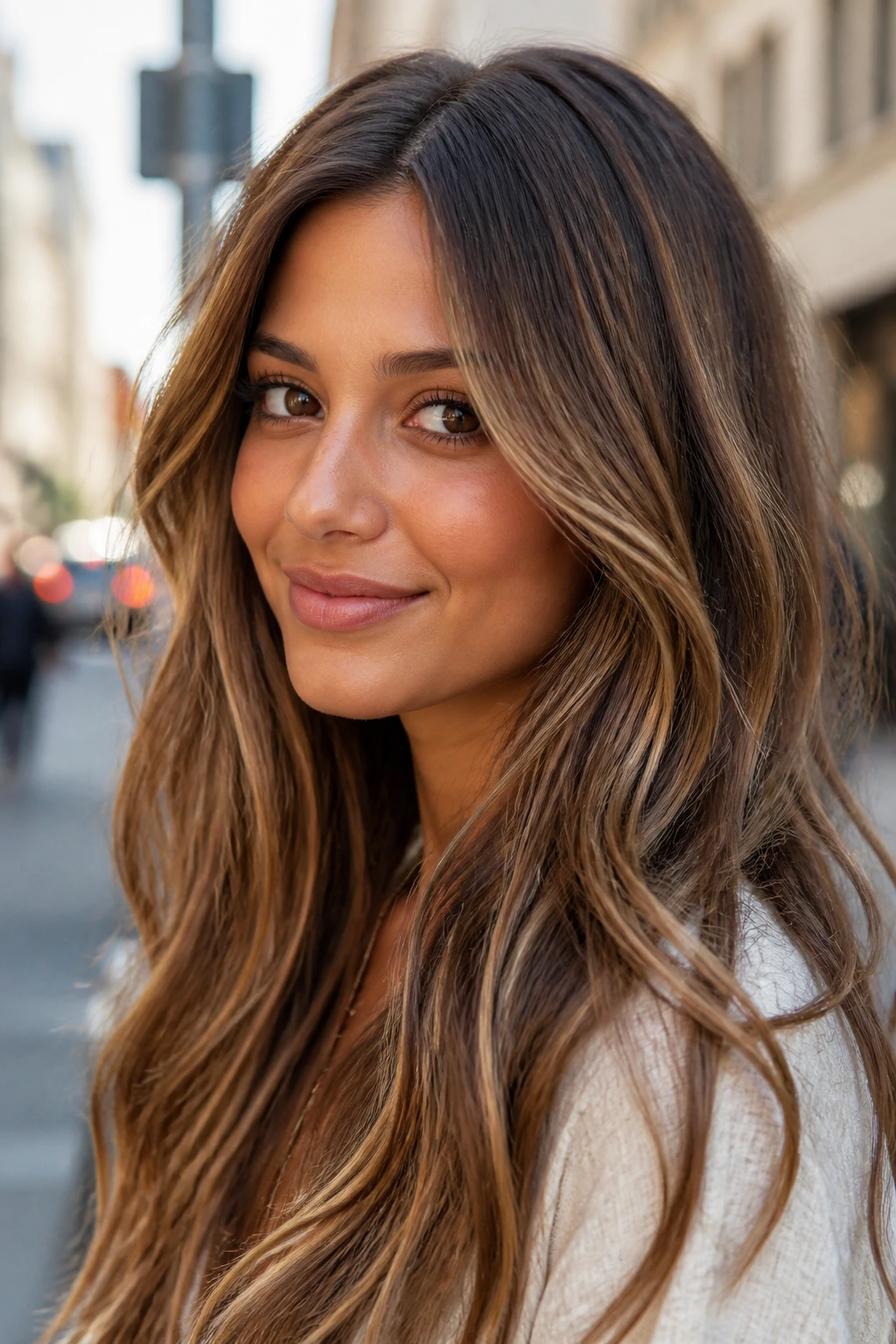 Close-up portrait of a woman with walnut blonde hair color and warm highlights.