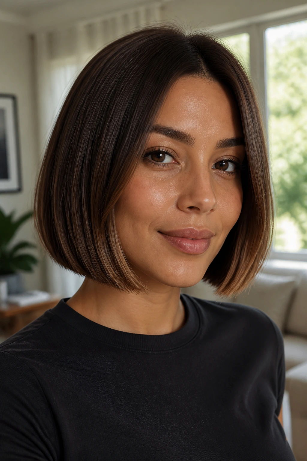 Close-up portrait of a real woman with a walnut brown blunt bob and subtle balayage in natural daylight