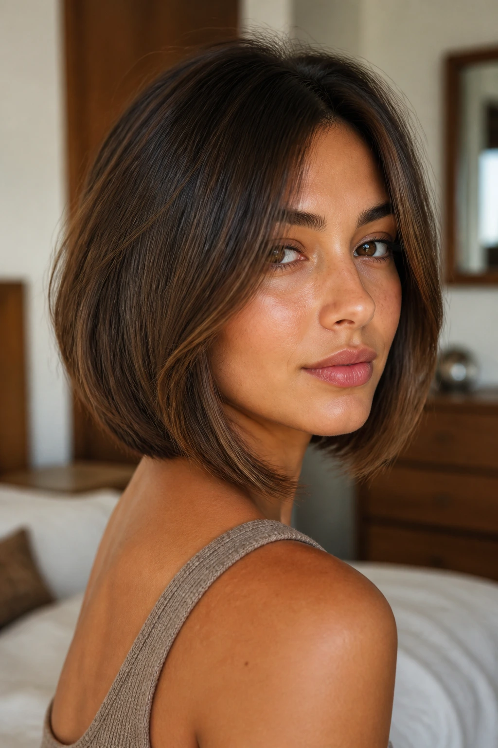 Close-up of a real woman with a walnut face-frame bob on olive skin