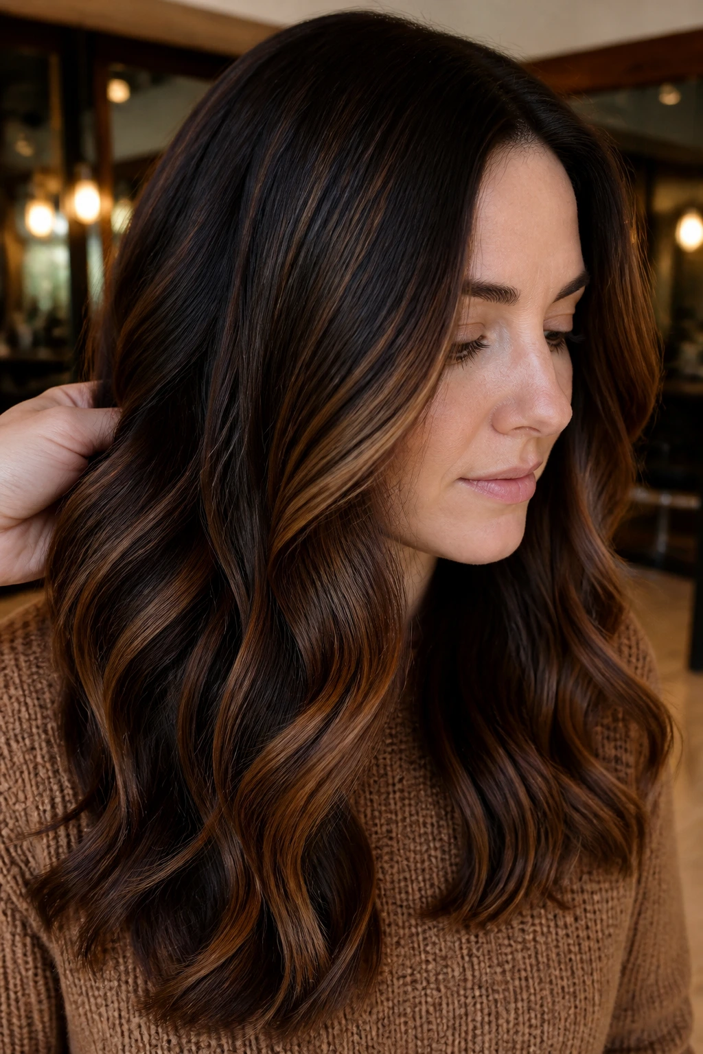 Close-up of walnut brown hair with amber veining through mids.