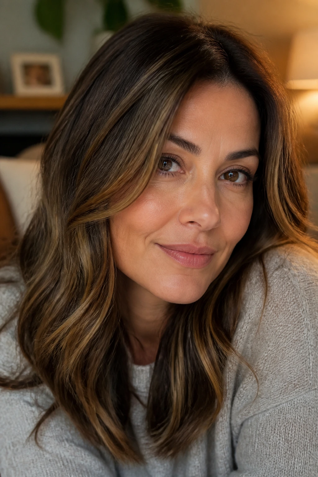 Close-up portrait of a woman with walnut brown hair and gold babylights in warm light