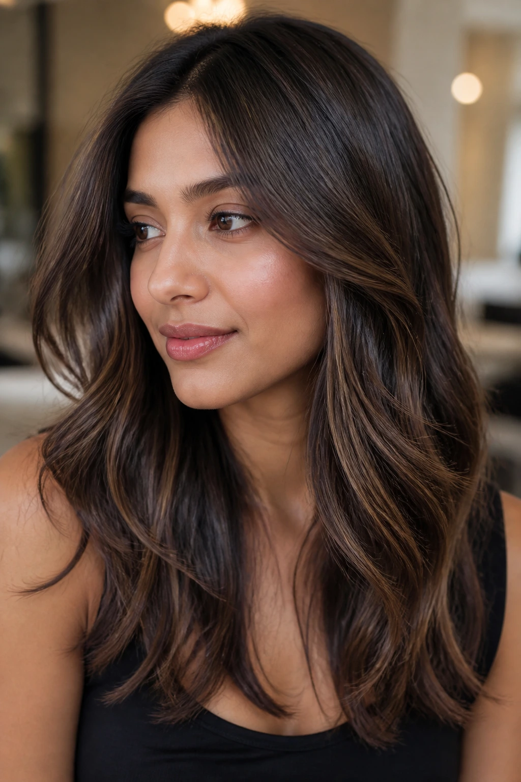 Close-up portrait of a real person with walnut brown hair and subtle babylights