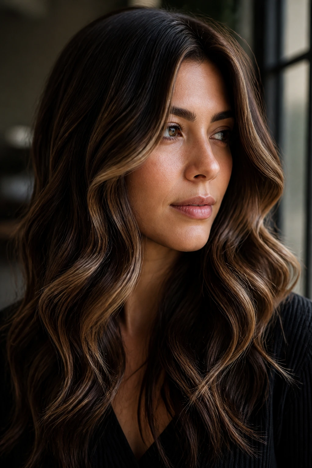 Close-up of real woman's walnut brown balayage with soft S-curves framing the face