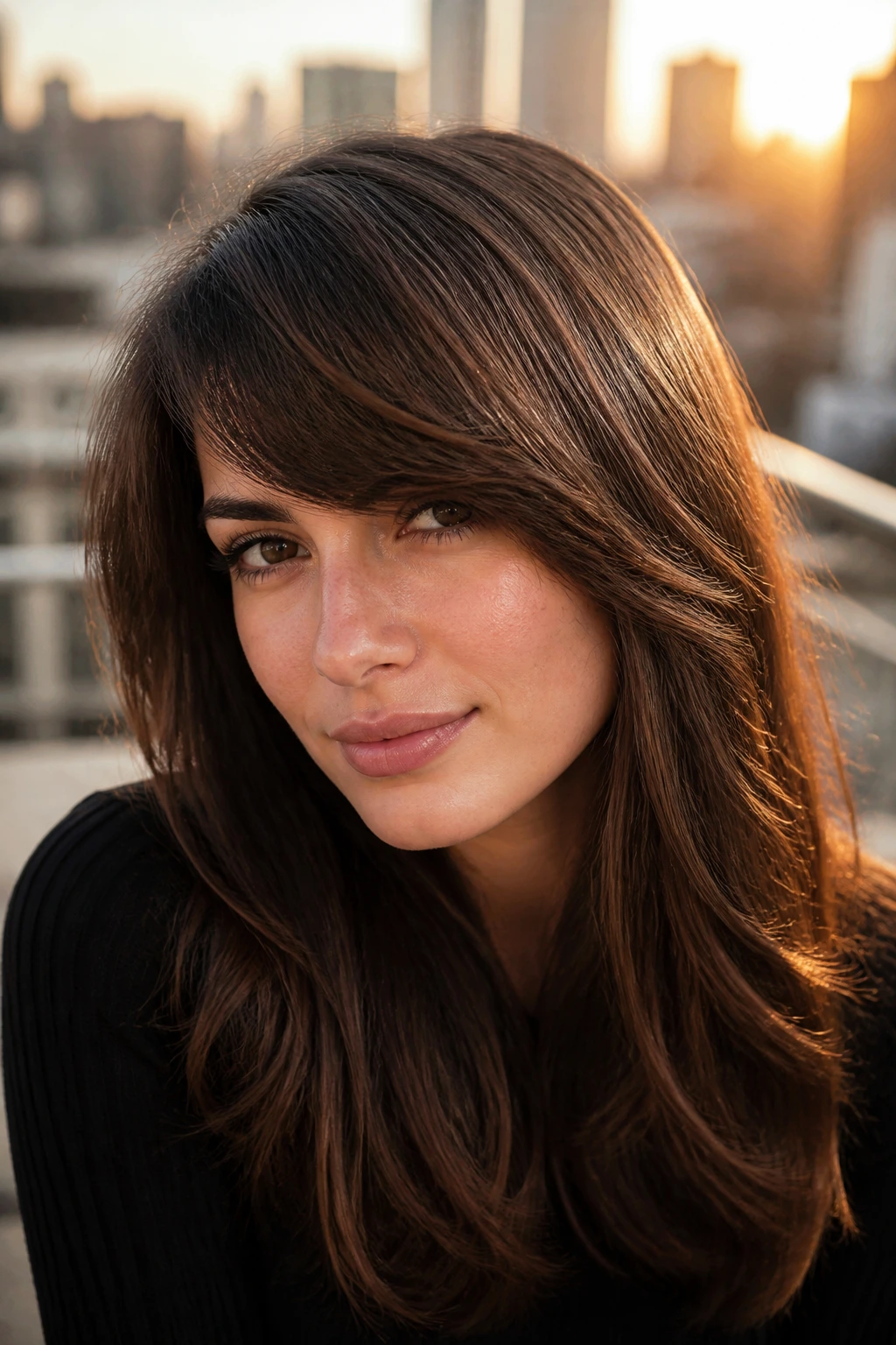 Brunette with Walnut Brown and Bronze Veil and side-swept bangs on rooftop at golden hour