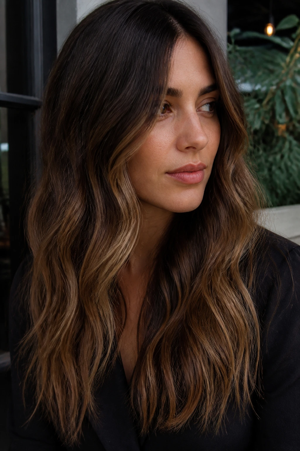 Close-up of walnut brown hair with muted caramel ends
