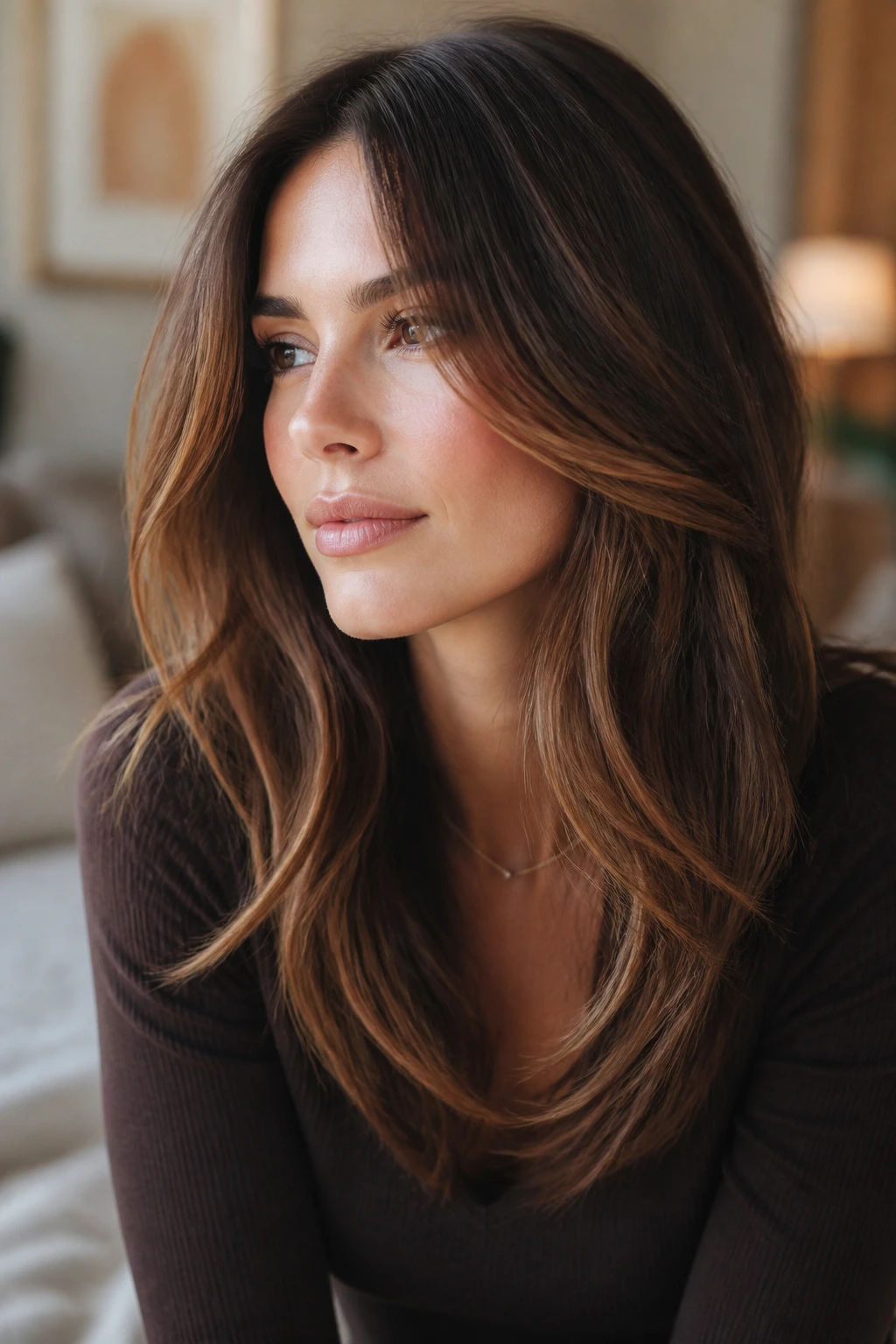Layered brunette with walnut brown base and caramel veil around the face