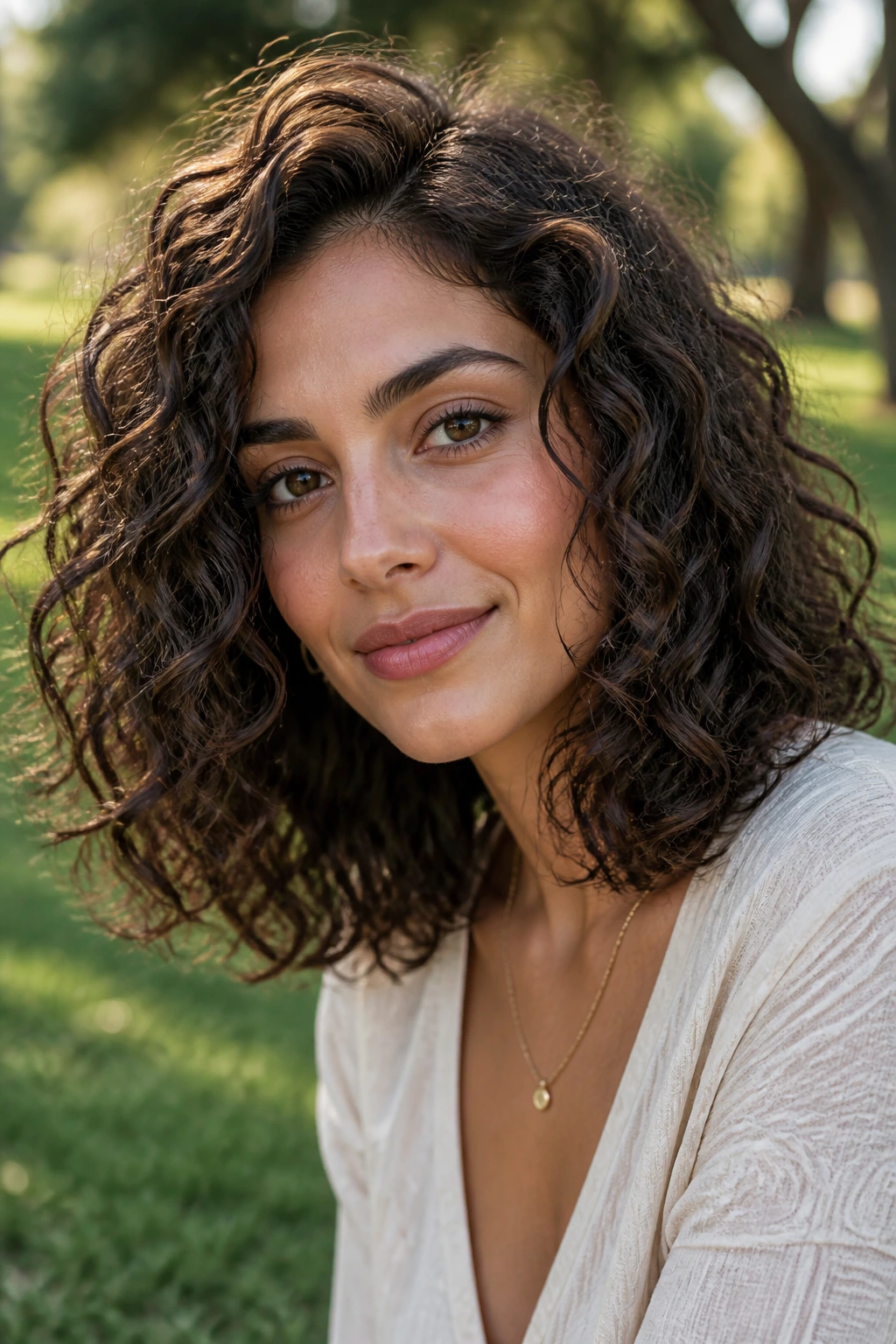 Close-up of a real woman with mid-length walnut brown curls in natural light