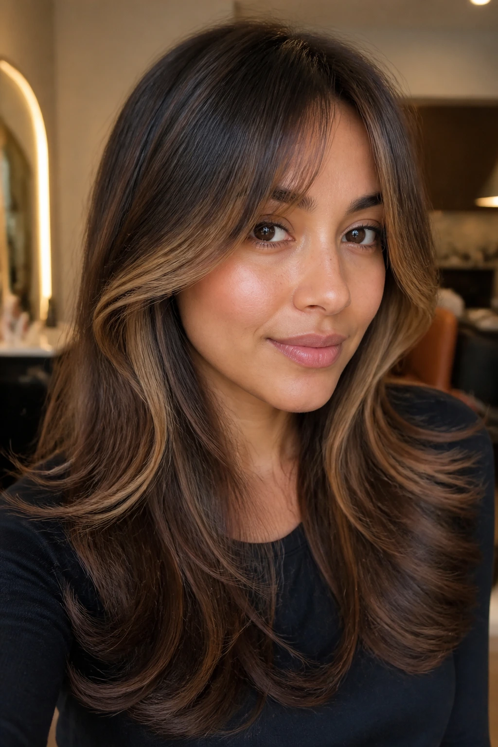 Close-up portrait of a real person with walnut brown and bright face framing