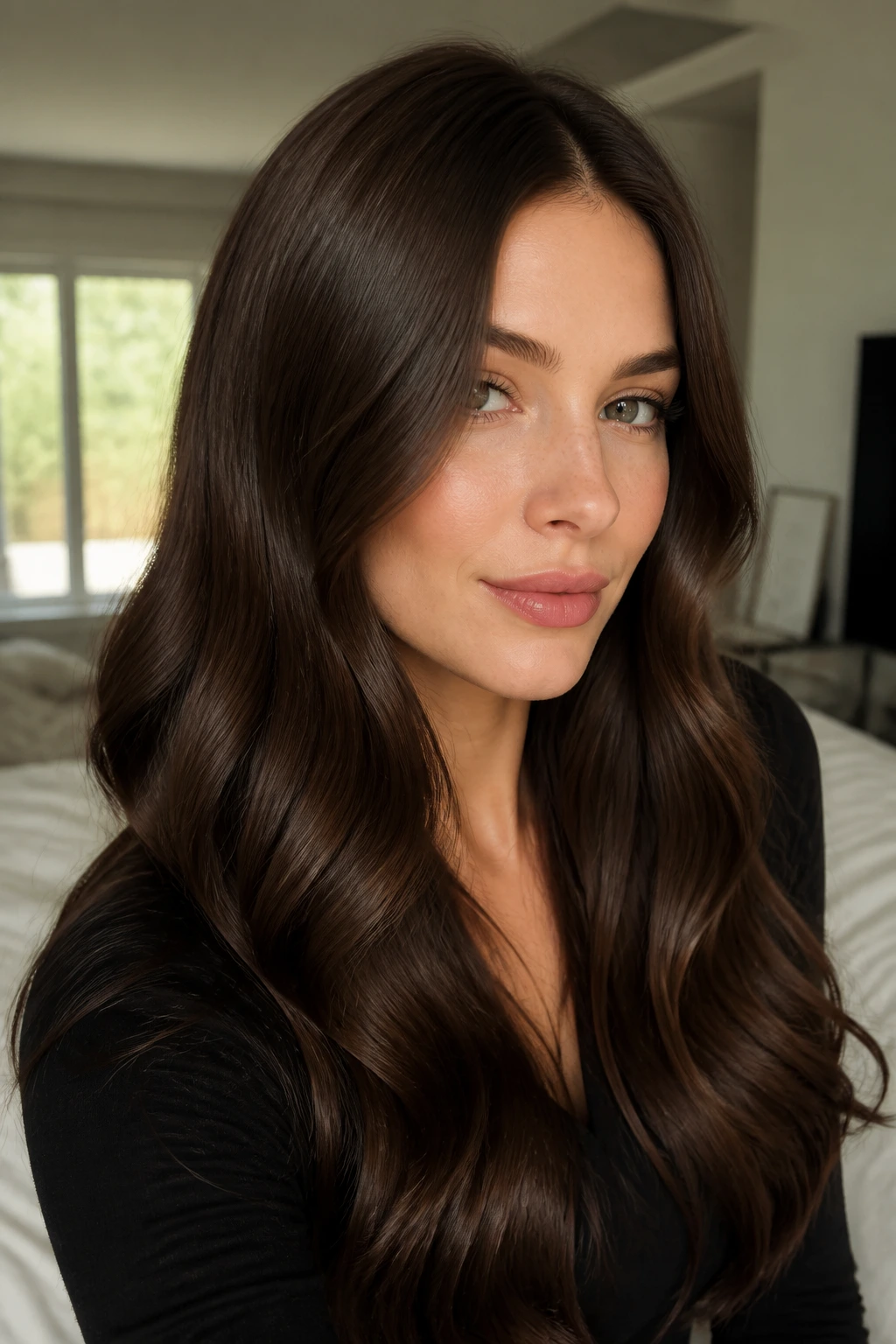 Close-up of a real woman with walnut brown gloss hair and high shine